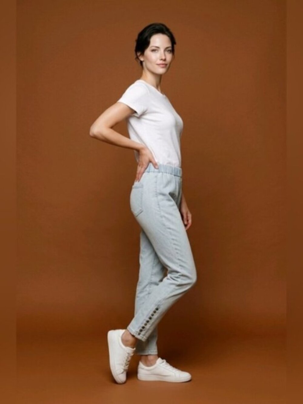 Soft Surroundings SZ S Pull On Elastic Waist Chambray Pants W/Ankle Snap Detail